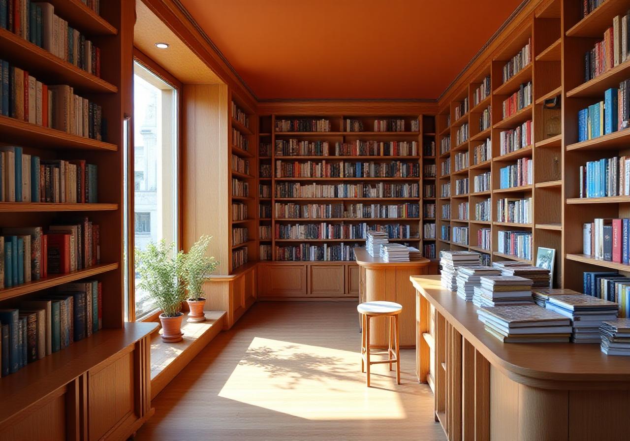 Interno della libreria Favola & Fiori con scaffali eleganti in legno